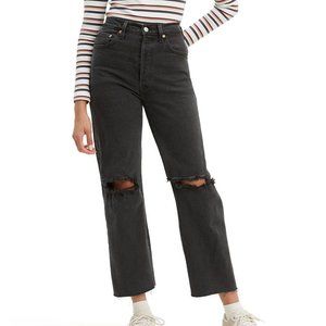 Levi's Black Distressed Ribcage Crop Wide Straight Jeans